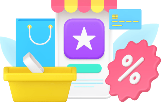 Seasonal discount sale at grocery supermarket shopping basket credit card and percentage tag 3d icon png