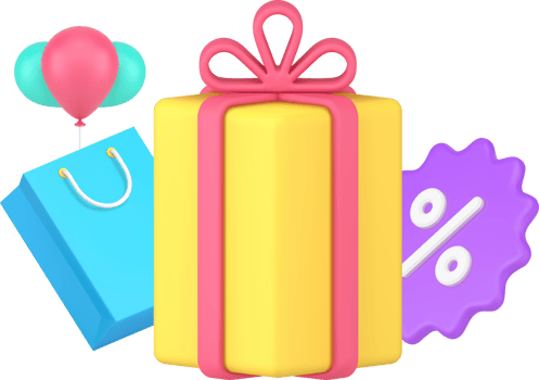 Festive holiday sale with gift box, paper shopping bag, air balloons and percentage tag 3d icon png