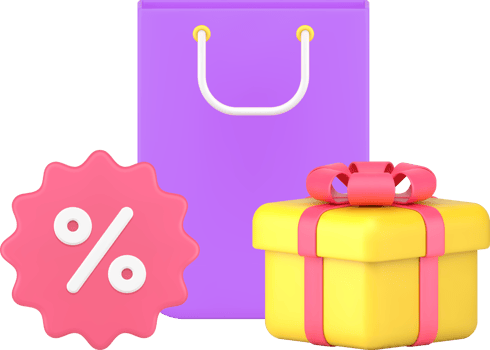 Seasonal sale discount paper shopping bag and festive gift box 3d icon isometric png
