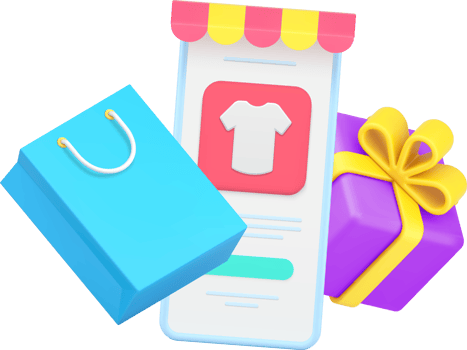 Choosing goods online store smartphone website application awning shopping bag and gift box 3d icon png
