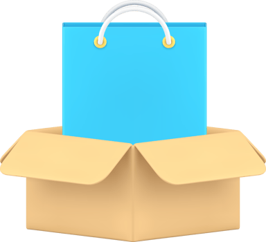 Online shopping order delivery paper bag in open cardboard box retail courier service 3d icon png