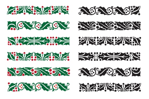 Christmas holly berries border pattern set isolated vector
