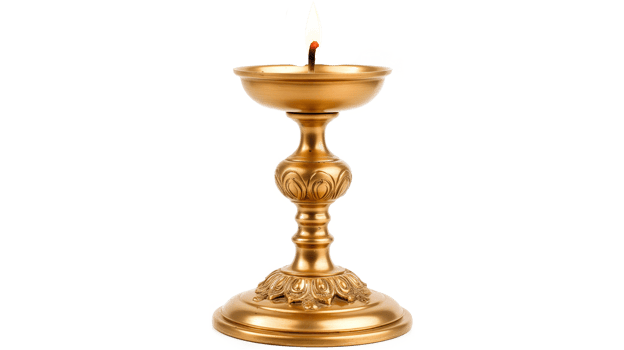 A gold candle holder with a lit candle inside. The candle is yellow and has a red tip. Concept of warmth and comfort, as the candle provides light png