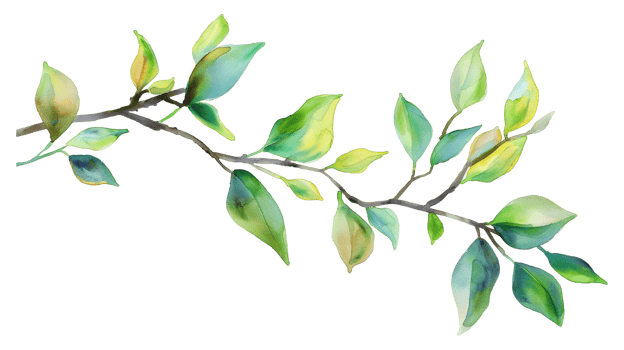 A watercolor painting of a leafy branch with green leaves. The painting has a serene and calming mood, with the leaves appearing to be in motion. The artist has captured the essence of nature png