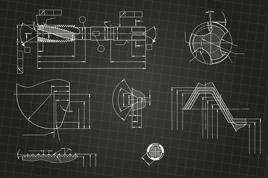 Mechanical engineering drawings on black background. Tap tools, borer. Technical Design. Cover. Blueprint. vector