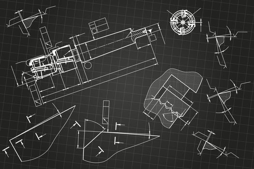 Mechanical engineering drawings on black background. Tap tools, borer. Technical Design. Cover. Blueprint. vector