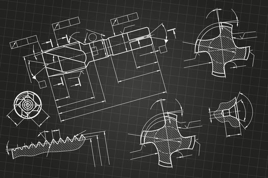 Mechanical engineering drawings on black background. Tap tools, borer. Technical Design. Cover. Blueprint. vector