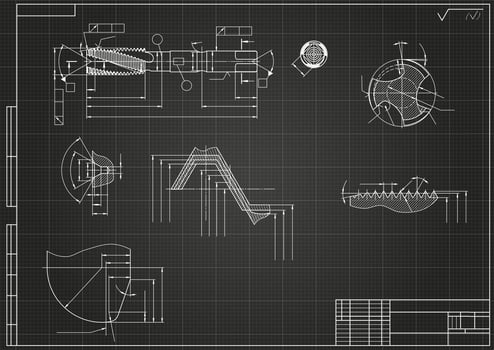 Mechanical engineering drawings on black background. Tap tools, borer. Technical Design. Cover. Blueprint. vector