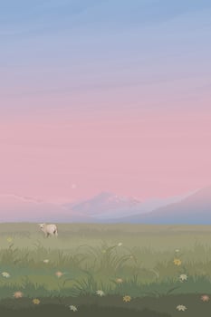 Minimalist sunset landscape grass hill with one sheep have mountain ranges behind graphic illustrated have vertical blank space. vector