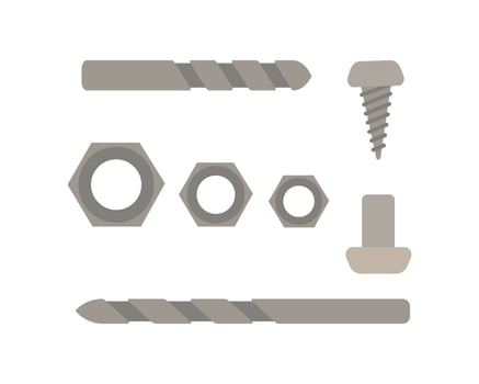 Nut, nail, self-tapping screw, drill set. Professional fasteners for repairs. Isolated illustration in clip art style. vector