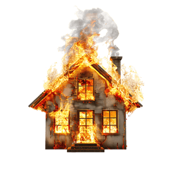 Isolated house on fire with flame against transparent background png