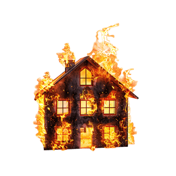Isolated house on fire with flame against transparent background png