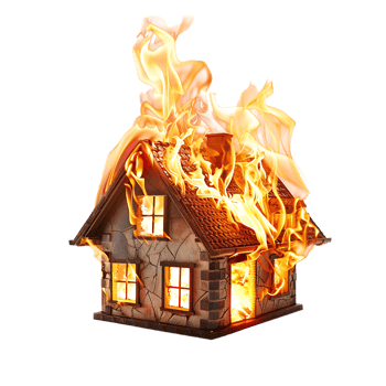 Isolated house on fire with flame against transparent background png
