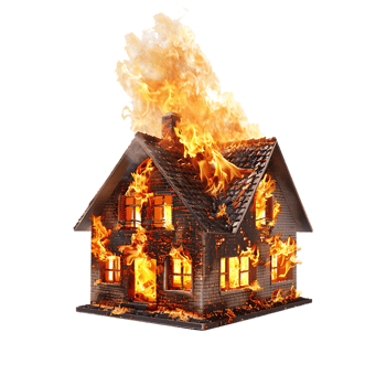 Isolated house on fire with flame against transparent background png