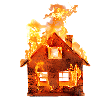Isolated house on fire with flame against transparent background png