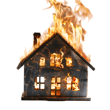 Isolated house on fire with flame against transparent background png