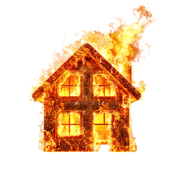 Isolated house on fire with flame against transparent background png