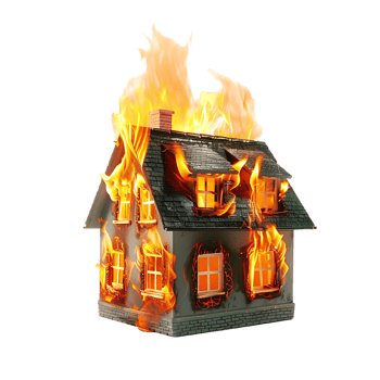Isolated house on fire with flame against transparent background png