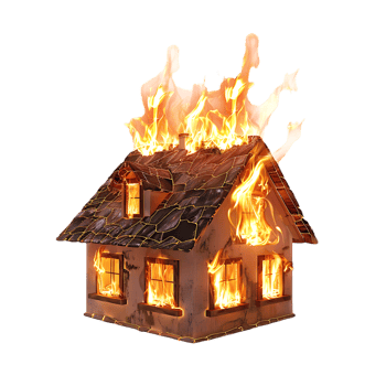 Isolated house on fire with flame against transparent background png