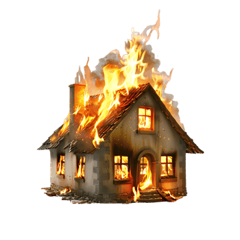 Isolated house on fire with flame against transparent background png