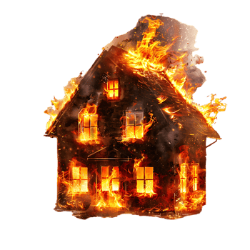 Isolated house on fire with flame against transparent background png