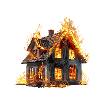 Isolated house on fire with flame against transparent background png