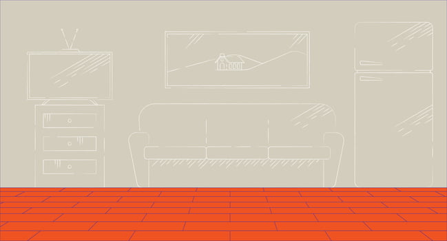 Future plan for interior design cartoon flat illustration. Living room furniture layout house 2D interior colorful background. Refrigerator, sofa. Home furnishing scene storytelling image vector