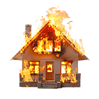 Isolated house on fire with flame against transparent background png