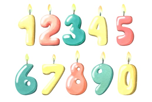 Volumetric candles for cake and decorations in the form of numbers with fire. Watercolor illustration. Isolated objects from a large set are HAPPY BIRTHDAY. For the design of holiday cards, posters vector