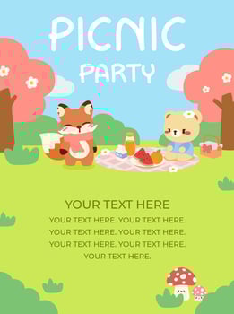 Cute Picnic Party Invitation with Animals. Adorable Fox and Bear Picnic Illustration. Kawaii Picnic Party Poster Template. vector