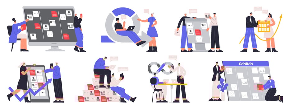 Agile software development team, devOps, kanban board, scrum sprint scheme. IT software development team workflow illustration set. DevOps team work strategy vector