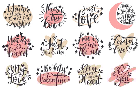 Handwritten romantic love valentines day lettering quotes. Happy valentines day romantic phrases illustration set. Lettering positive calligraphy elements vector