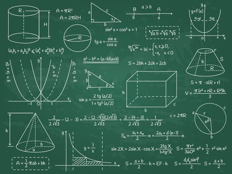 Math, geometry or physics calculation formulas, algebra figures and graphs. Doodle school education graphs illustration set. Hand drawn formula symbols vector
