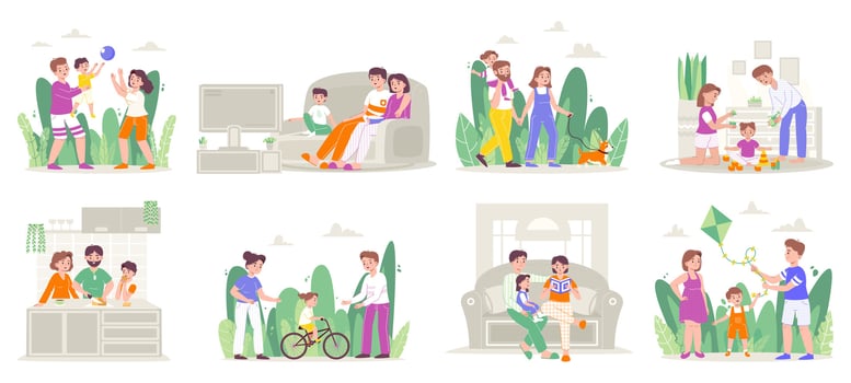 Happy parenting, parents and children daily activities, family scenes. Young family, mother, father and kids spend time together illustration set. Family leisure vector