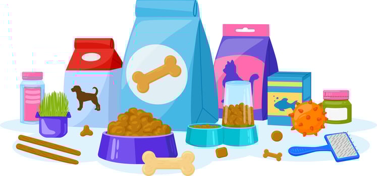 Cartoon pet food, cats and dogs pet shop accessories. Domestic pet food, pet shop equipment poster illustration. Animal food and accessories advertising background vector