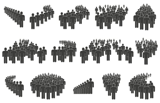 Crowd silhouettes, business people queue, group lining up. People group icons, queuing crowd, business social community or team illustration set vector