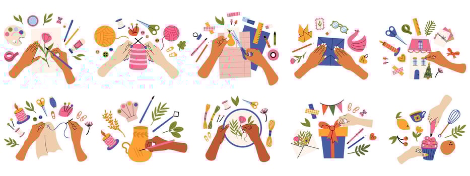 Handmade hobby, hands draw, knit and embroider, creative crafts. Hands create handmade crafts illustration set. Scrapbooking and sewing workshops vector