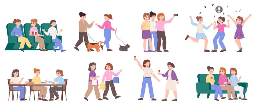 Girlfriends spend time together, female friendship entertainment. Women friends chatting, shopping and dancing illustration set. Girlfriends gathering together vector