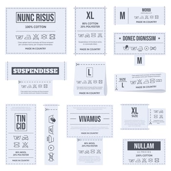 Laundry clothes care labels, textile care instruction symbols. Clothes care instructions tags, textile laundry instruction labels illustration set. Textile care labels vector