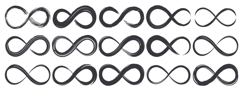 Infinity hand drawn painted symbols, eternal ink brush stroke infinity emblem. Abstract grunge ink texture infinite loop symbols set. Endless infinity silhouettes vector