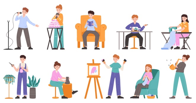 People handicraft hobbies, creative arts occupations professionals. Creative professions and hobbies, drawing, singing, knitting illustration set. Artistic occupations vector