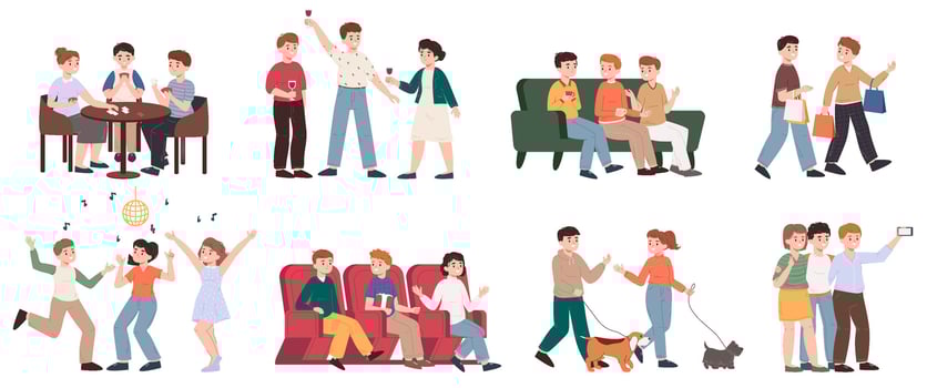 Happy friends having fun and spending time together. Friendship entertainment, friends talking, shopping and dancing illustration set. Friends gathering together vector