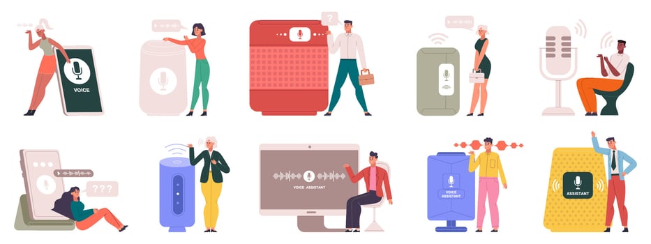 People use audio smart speaker or virtual voice assistant. Cartoon user with voice assistants devices, illustration set. Digital voice assistants vector