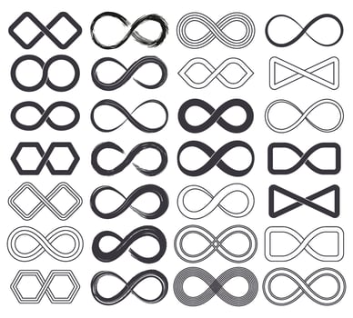 Infinity unlimited symbols, eternal endless cyclical icons. Abstract limitless infinite loop symbols set. Endless eternity signs vector