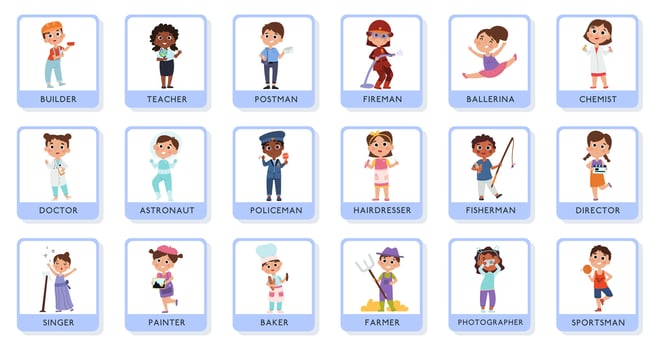 Children professional characters, young teacher, doctor and astronaut cards. Training cards for kids professions illustration set. Baby doctor, builder and farmer vector