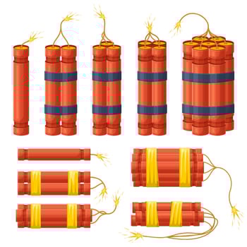 Dynamite explosive sticks, pyrotechnics explosion dynamite checkers. Red dynamite bomb burning sticks illustration set. Burning dynamite checkers vector