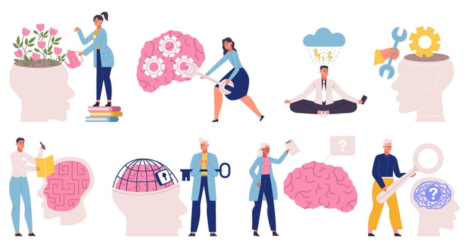 Mental health, cognitive brain support, stress therapy. Emotional disorder and medical therapy illustration set. Doctor help with anxiety issues vector
