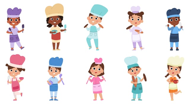 Baby chefs characters, young professionals wear cook uniform. Kids cooking food at kitchen illustration set. Lil chefs in uniforms and caps vector