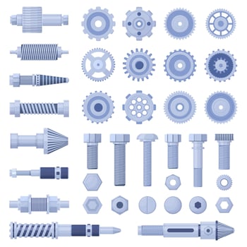 Mechanical engine industrial pulley, screw, bolt cog and cogwheel. Hydraulic machines parts, screws and nuts illustration. Machinery bolts and gears vector