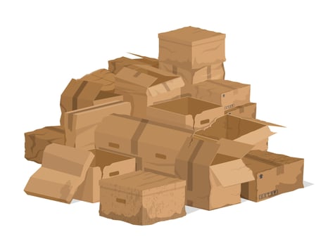 Broken damaged cardboard boxes, torn carton packaging. Broken delivery cardboard packages or mail parcels illustration set. Damaged crate boxes vector